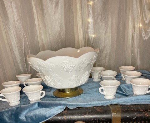 milk glass punch bowls and 12 cups 15.00